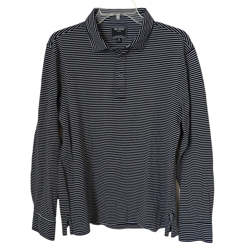 Todd Snyder Mens Pique Polo Navy Medium Long Sleeve Striped Cotton Shirt Top